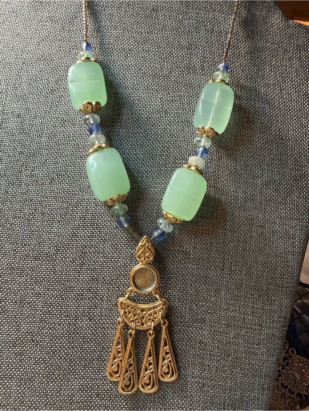 George Gold-Tone Filigree Pendant Necklace with Mint Green and Blue Glass Beads